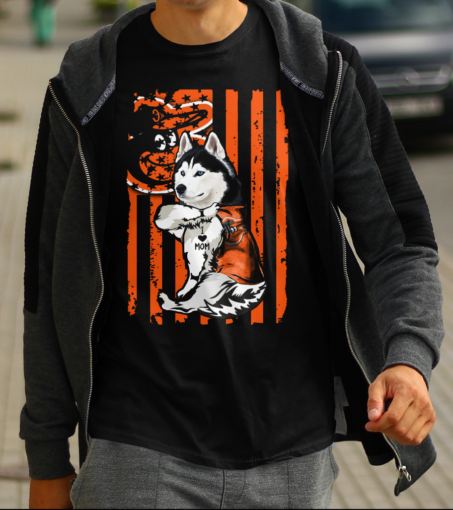 Siberian Husky Baltimore Orioles Dog Mom USA Flag T-Shirt