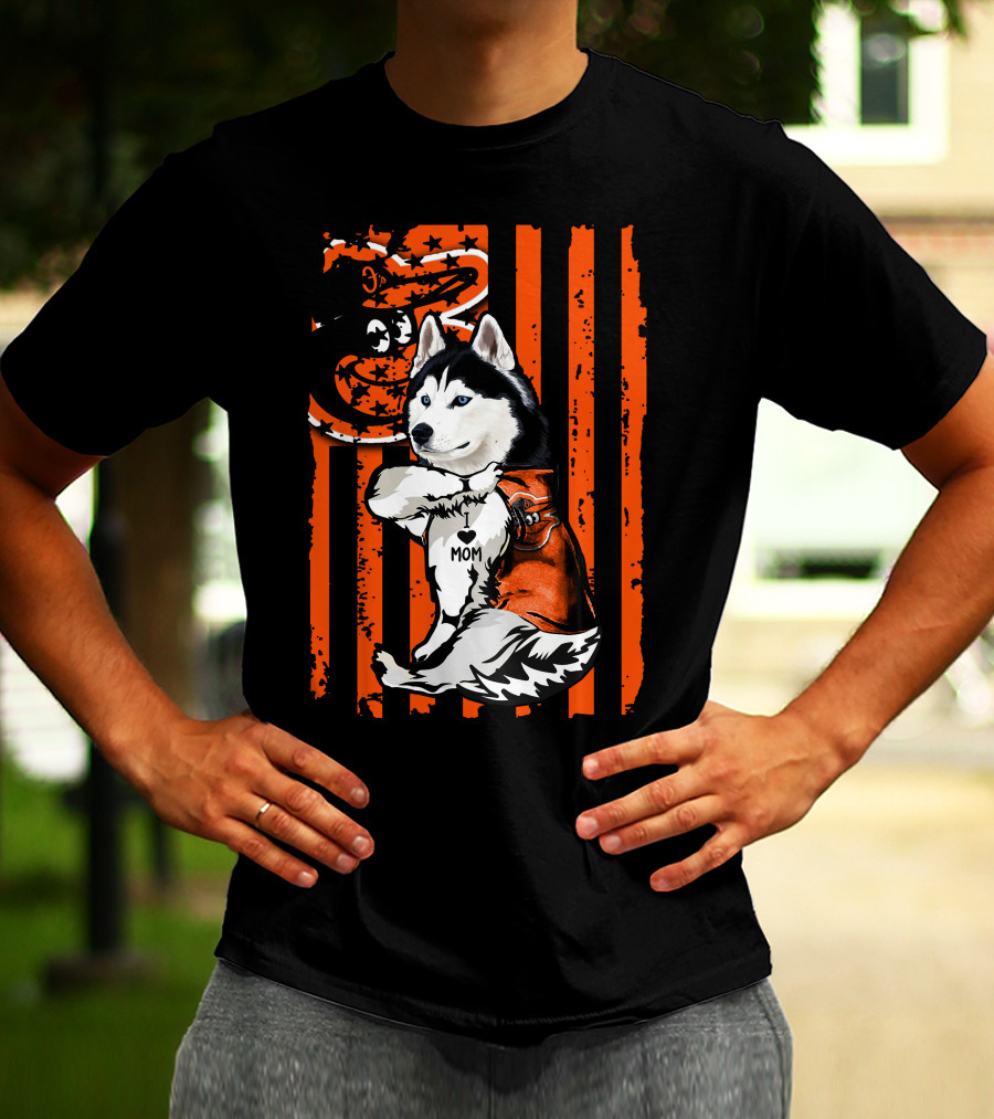 Siberian Husky Baltimore Orioles Dog Mom USA Flag T-Shirt