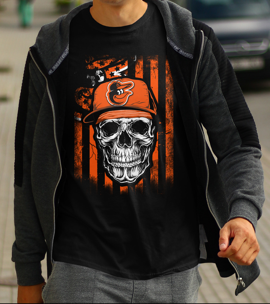 Baltimore Orioles Skull With Logo Cap T-Shirt