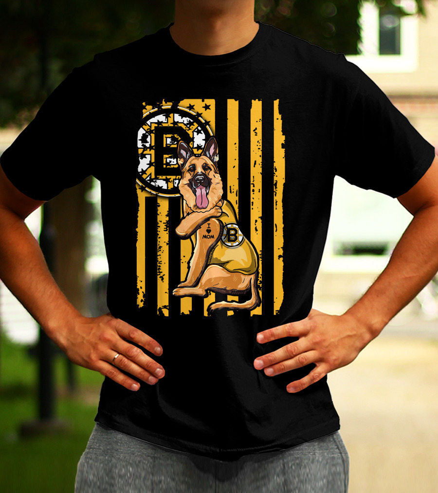 German Shepherd I Love Mom Boston Bruins Hockey Fan T-Shirt