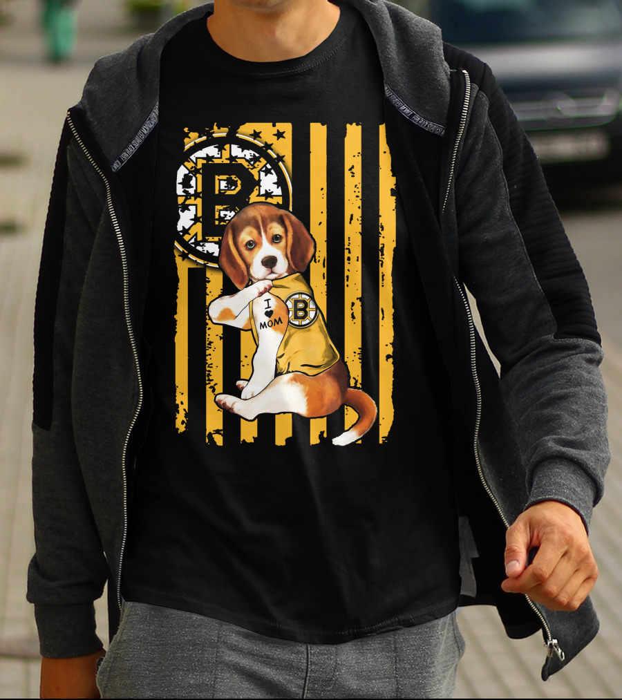 Beagle Puppy I Love Mom Boston Bruins Fan T-Shirt