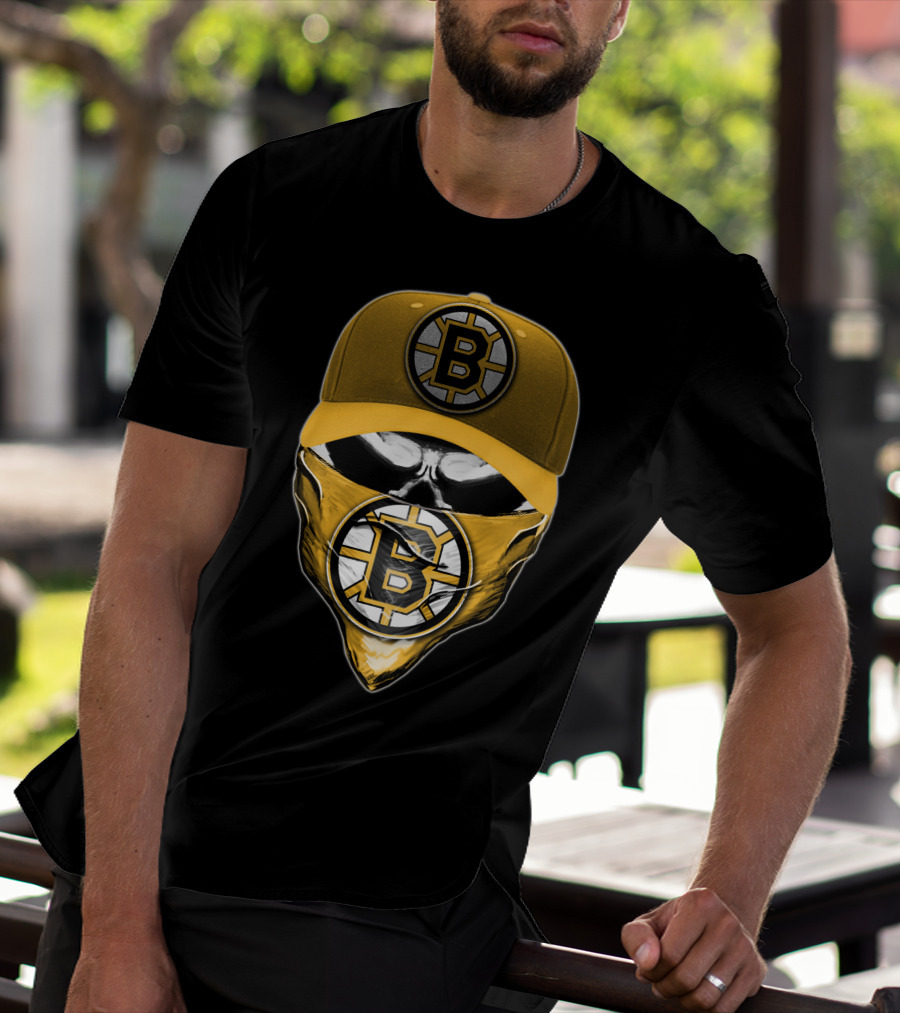Skull Boston Bruins Logo Cap Mask T-Shirt
