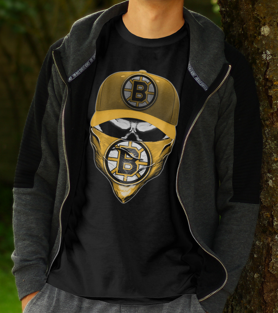 Skull Boston Bruins Logo Cap Mask T-Shirt