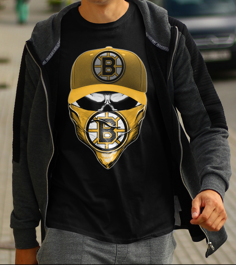 Skull Boston Bruins Logo Cap Mask T-Shirt