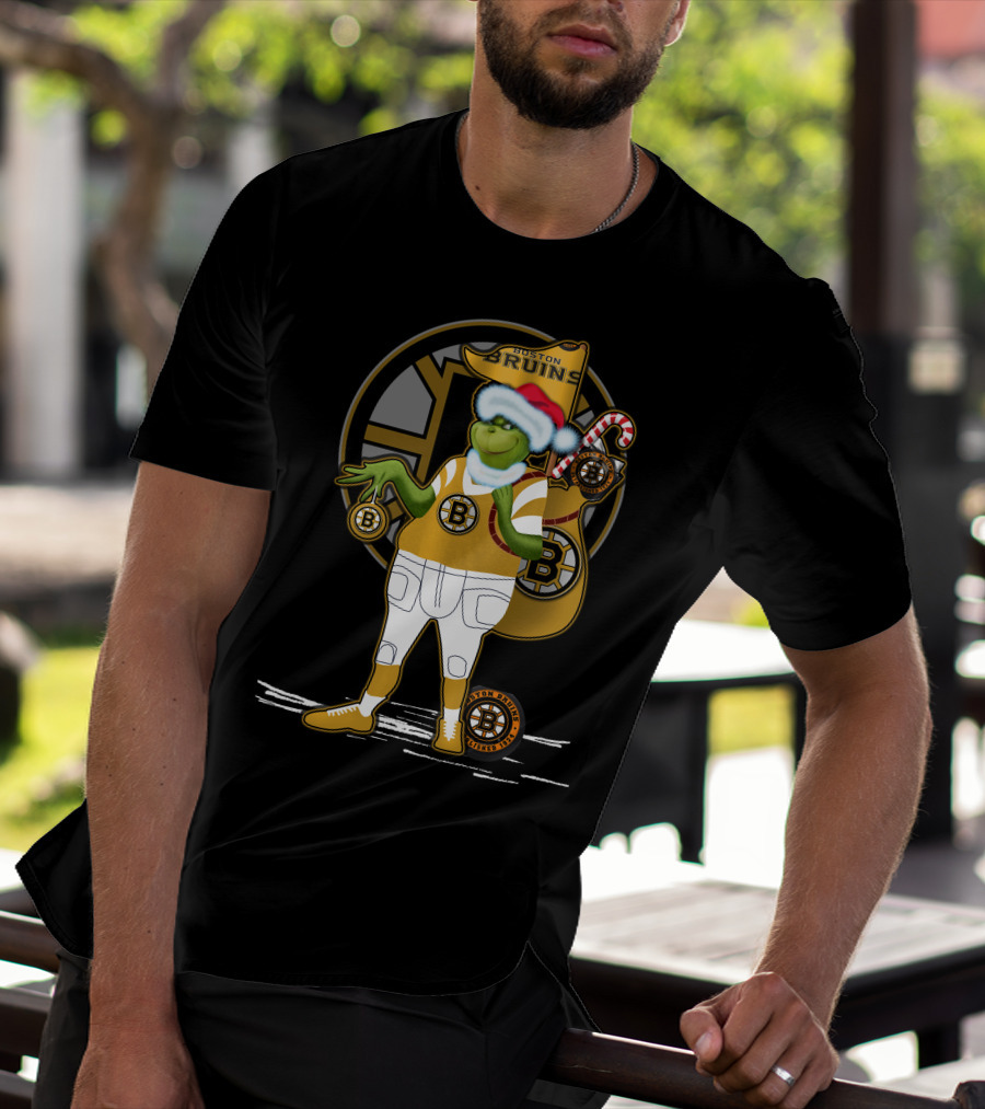 Grinch Boston Bruins Santa Hat Candy Cane Bruins T-Shirt