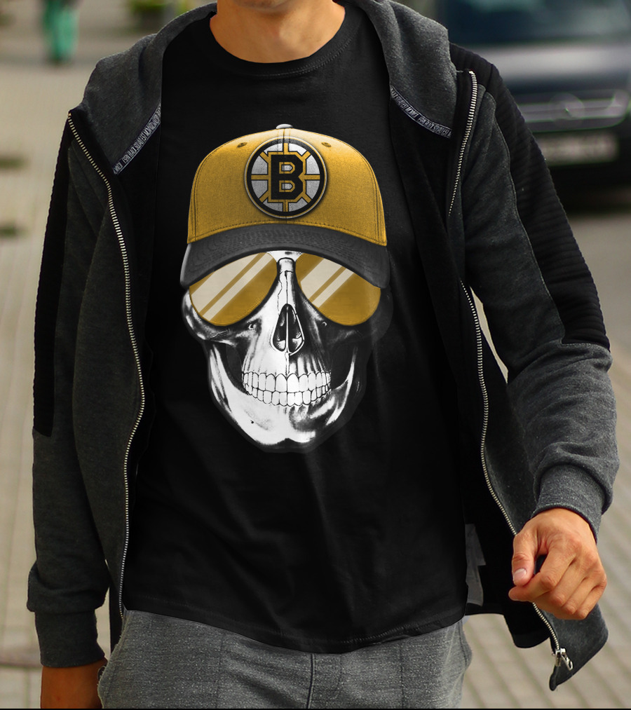 Skull In Yellow Boston Bruins Cap And Sunglasses T-Shirt