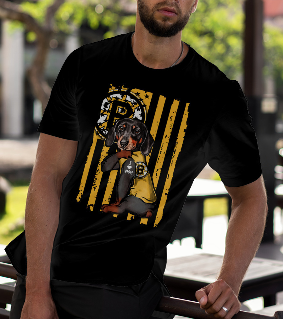 Dachshund I Love Mom Boston Bruins Stripes T-Shirt