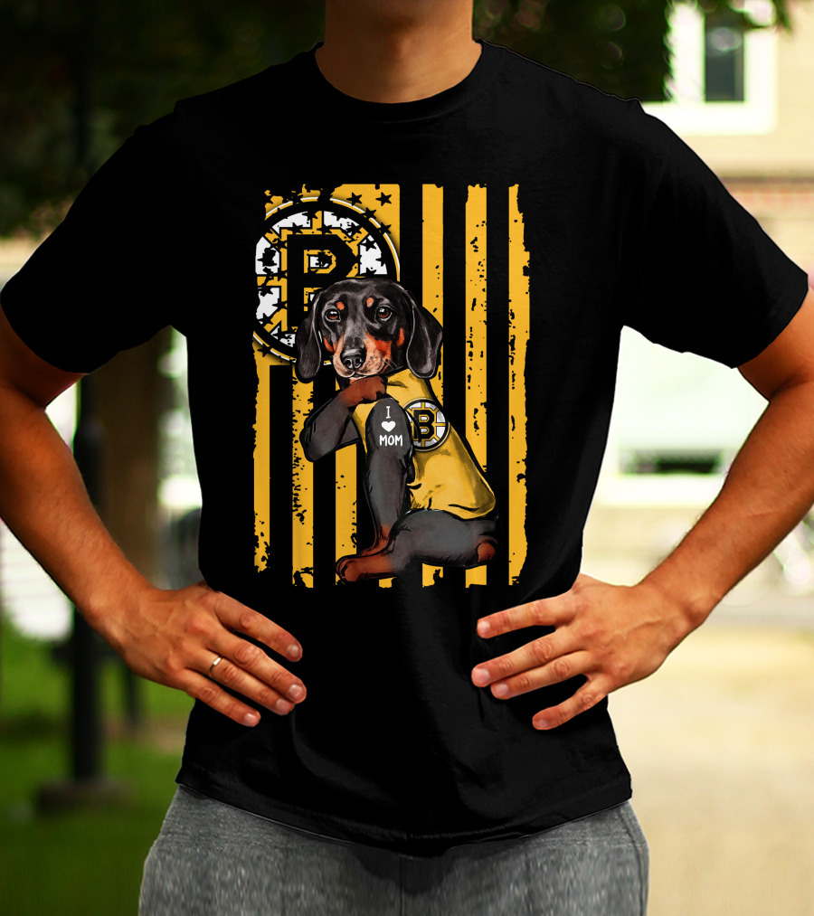 Dachshund I Love Mom Boston Bruins Stripes T-Shirt