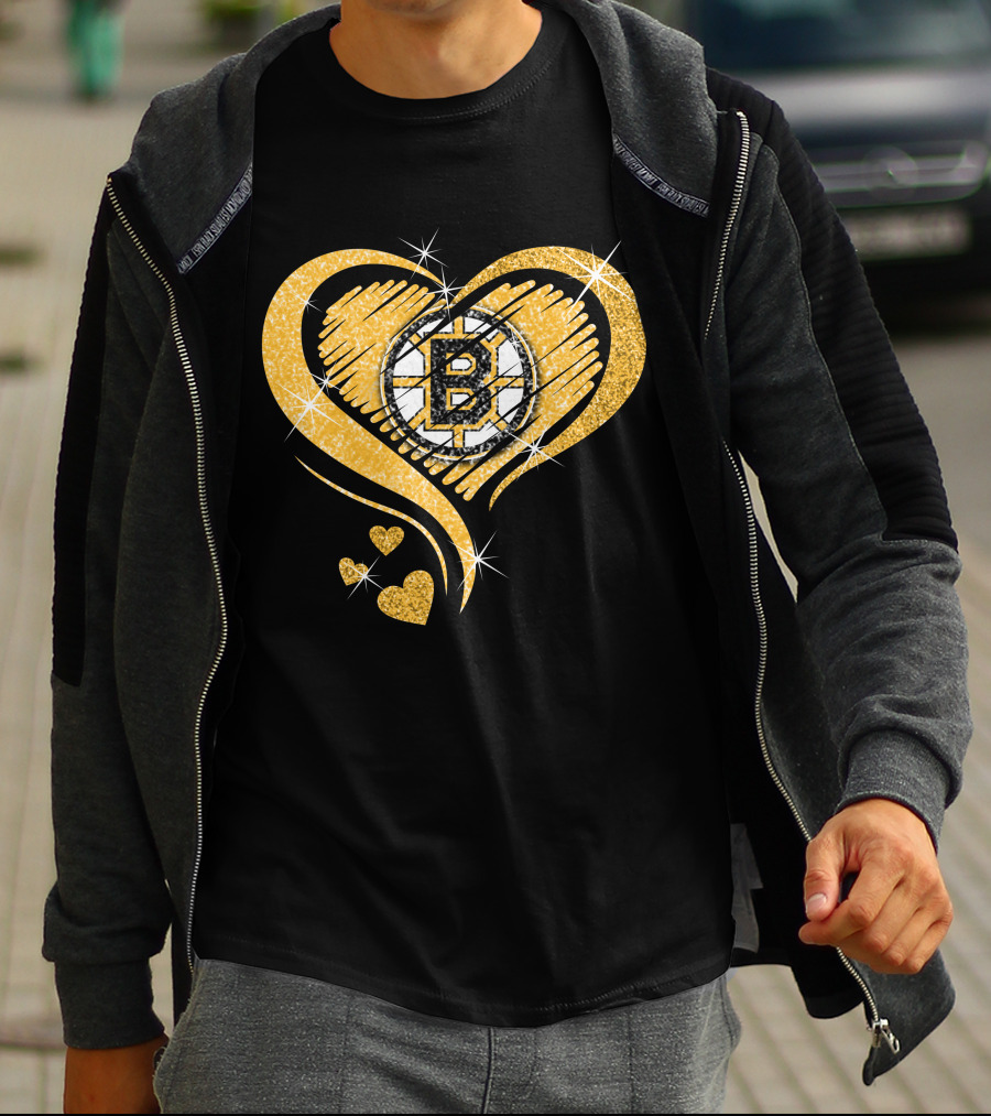 Boston Bruins Heart Glitter Logo Diamond T-Shirt