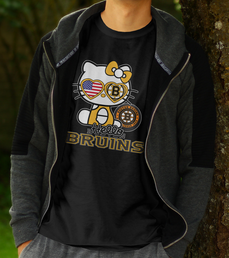 Hello Kitty Boston Bruins Established 1924 USA Flag Heart Sunglasses T-Shirt