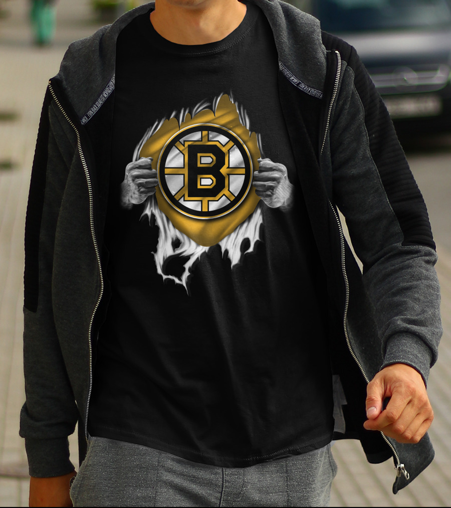 Torn Boston Bruins Hockey Emblem Revealed By Ripping Hands T-Shirt