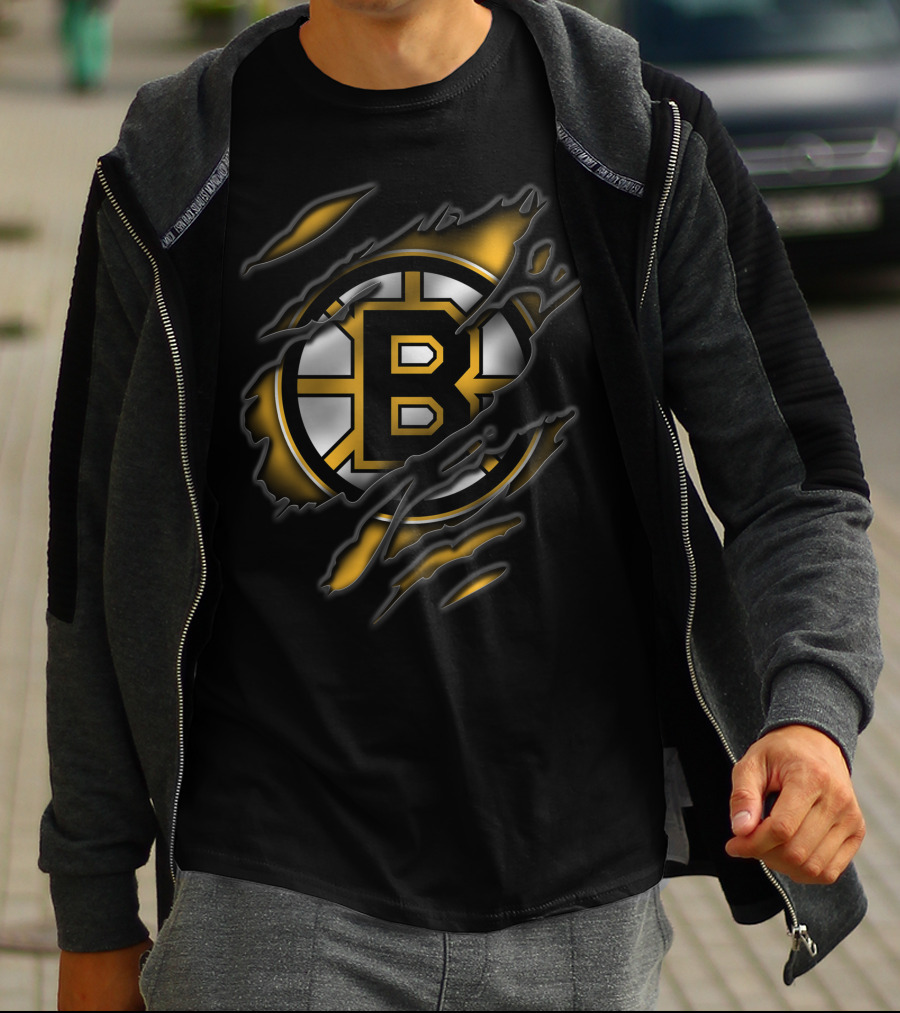 Torn Boston Bruins Logo Emblem Ripped Claw Marks T-Shirt