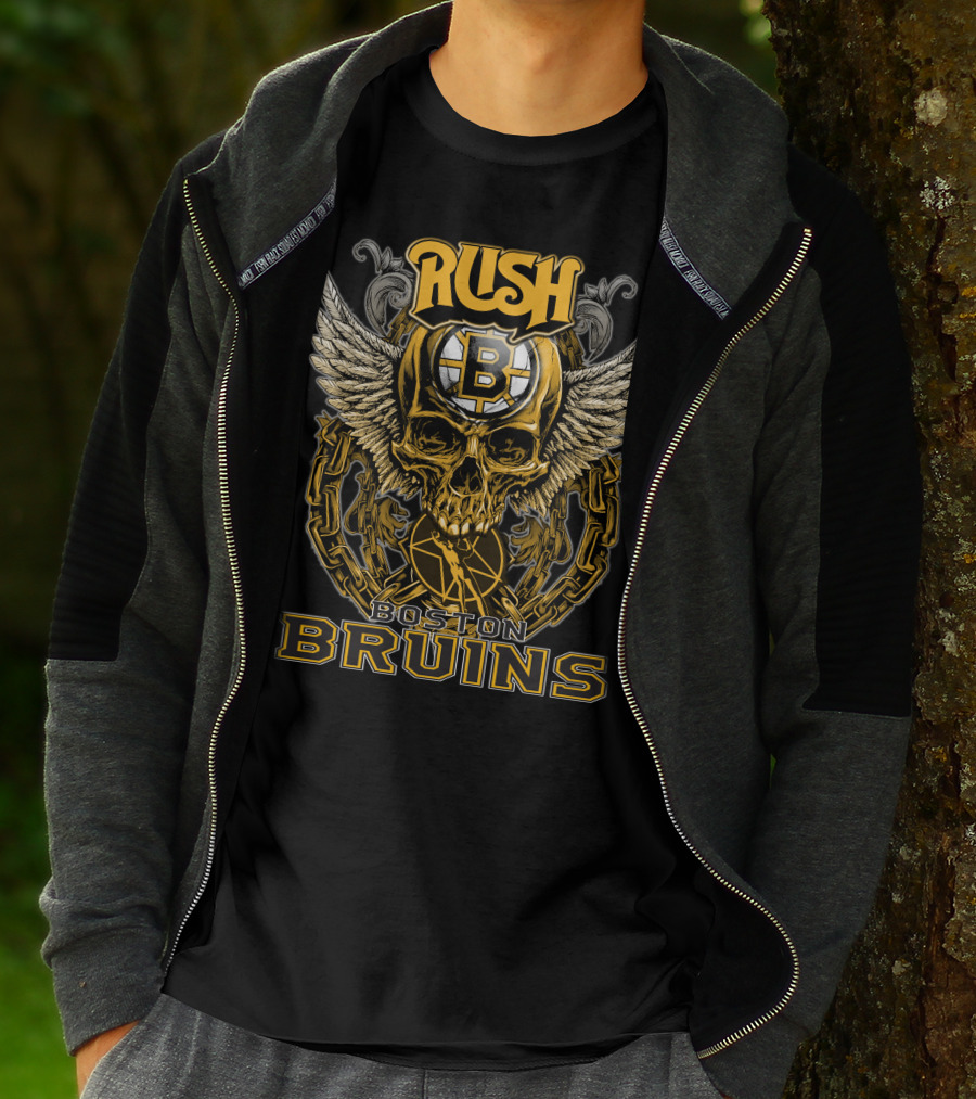 RUSH Boston Bruins Skull Wings Hockey Chains T-Shirt
