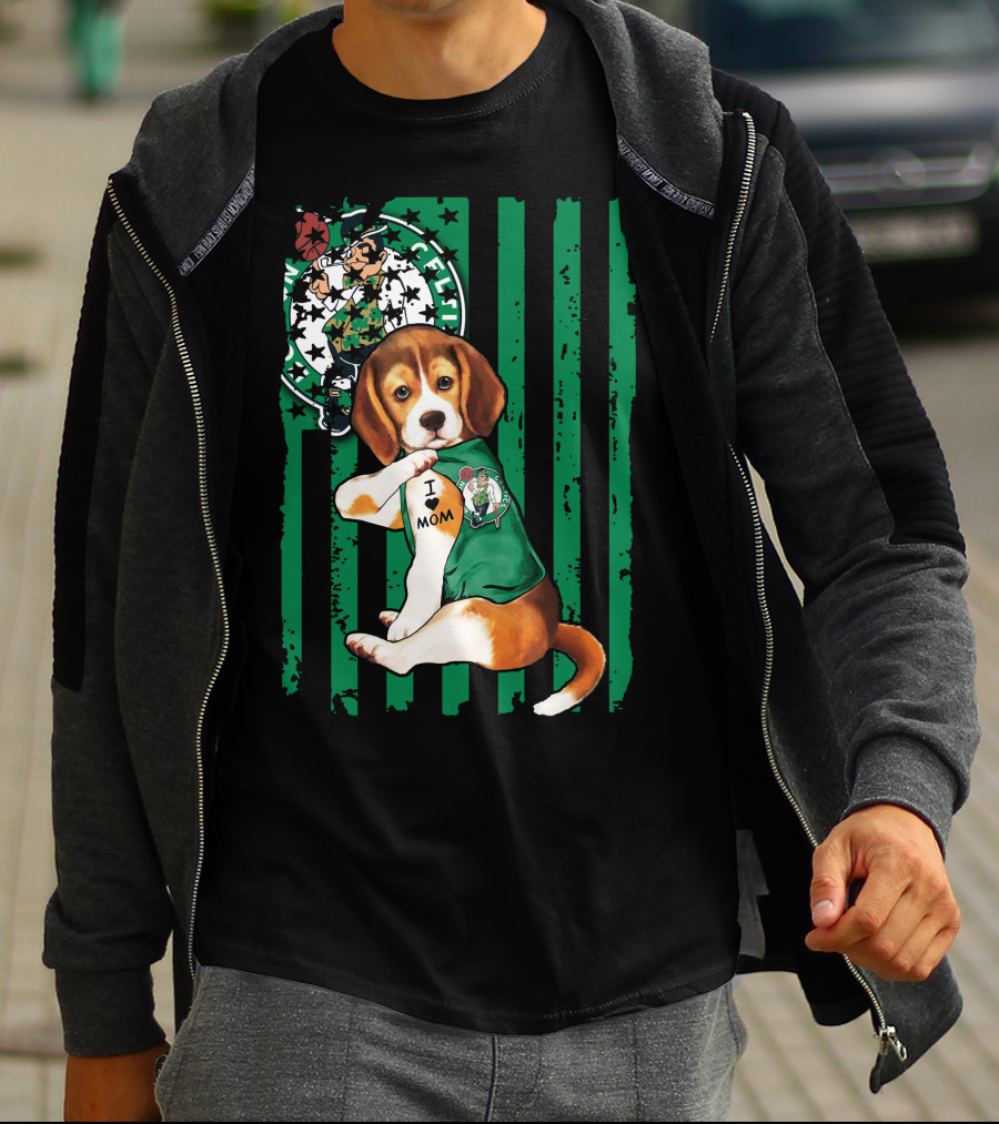 Beagle I Love Mom Boston Celtics Green Stripes T-Shirt