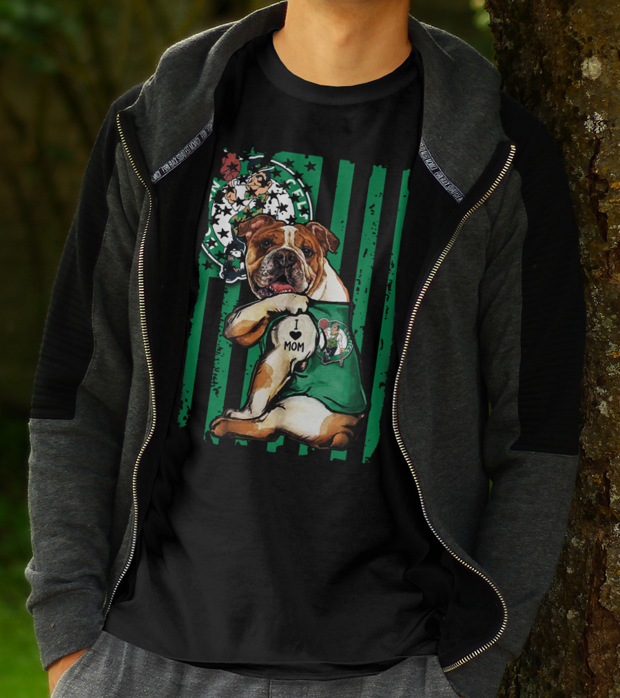 Bulldog Boston Celtics I Love Mom Green Stripes Basketball T-Shirt