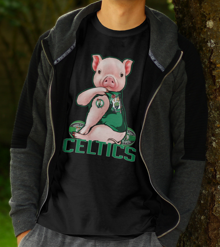 Pig Wearing Boston Celtics Logo Jersey With Celtics Text T-Shirt