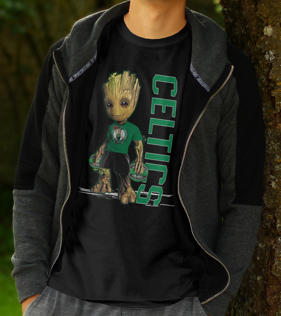 Groot Celtics Boston Fan Art Marvel Basketball Collaboration T-Shirt
