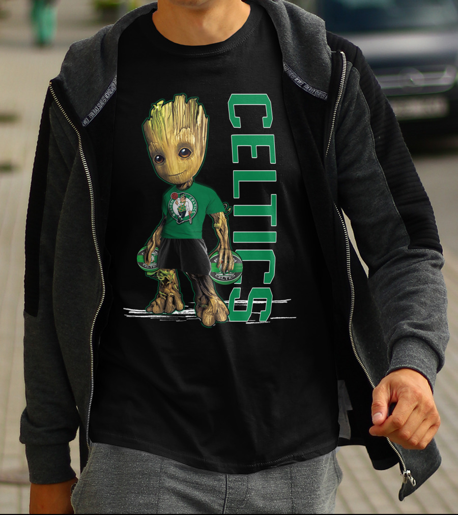 Groot Celtics Boston Fan Art Marvel Basketball Collaboration T-Shirt