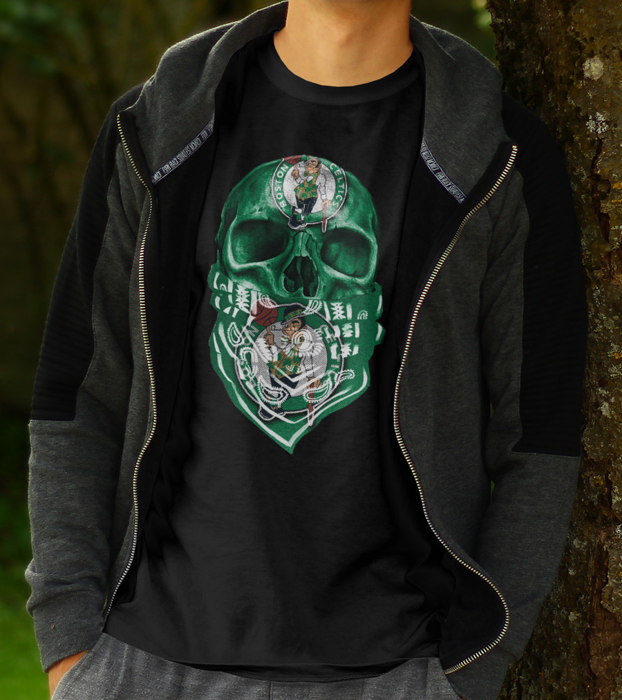 Boston Celtics Skull With Iconic Logos And Green Bandana T-Shirt