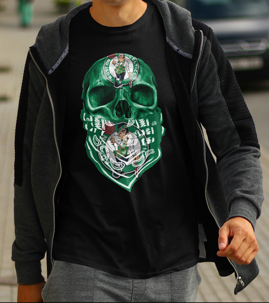Boston Celtics Skull With Iconic Logos And Green Bandana T-Shirt