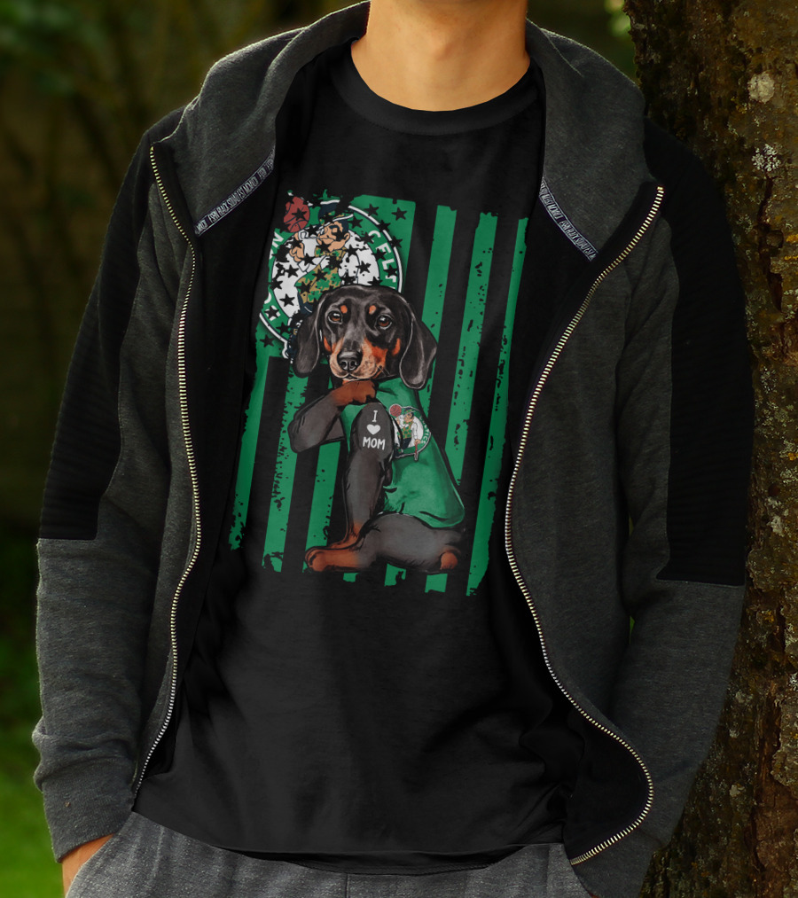 Dachshund Wearing I Love Mom Shirt With Boston Celtics Logo And Mascot T-Shirt