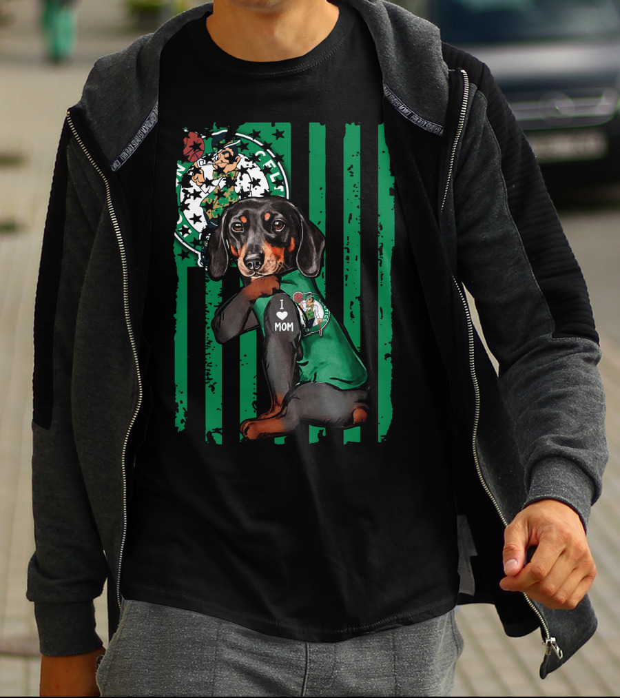 Dachshund Wearing I Love Mom Shirt With Boston Celtics Logo And Mascot T-Shirt