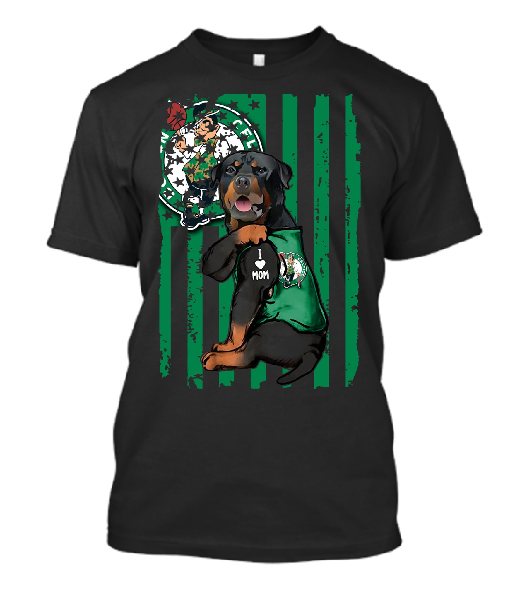 Rottweiler I Love Mom Boston Celtics Fan Logo Background T-Shirt