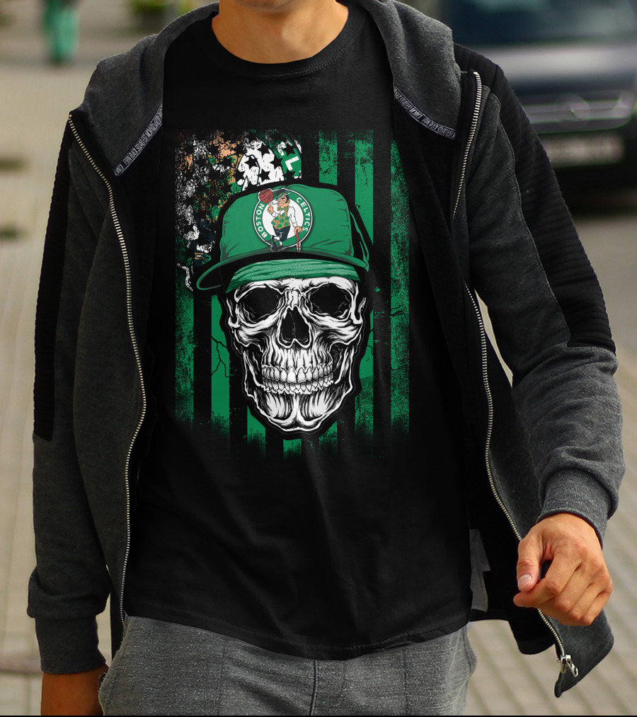 Boston Celtics Skull With Team Logo Hat T-Shirt