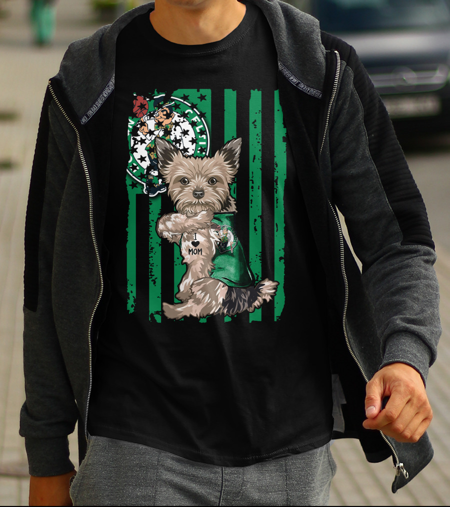 Yorkshire Terrier I Love Mom Boston Celtics Green Stripes T-Shirt