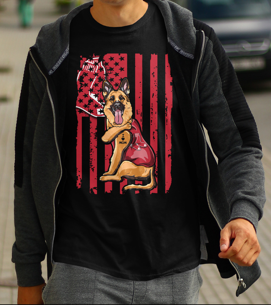 German Shepherd Boston Red Sox I Love Mom Baseball Bat And Glove T-Shirt