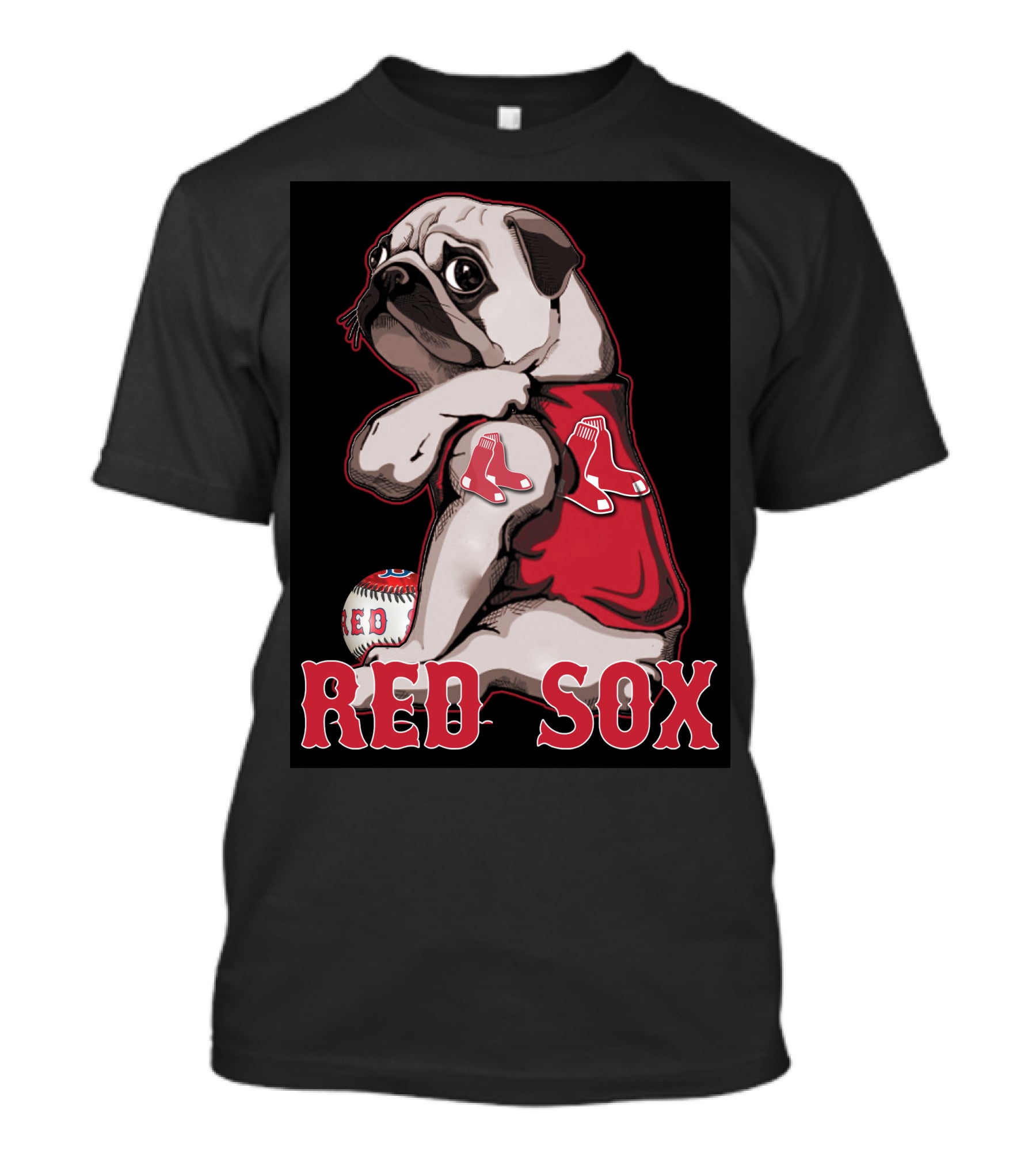 Pug With Boston Red Sox Jersey And Baseball T-Shirt