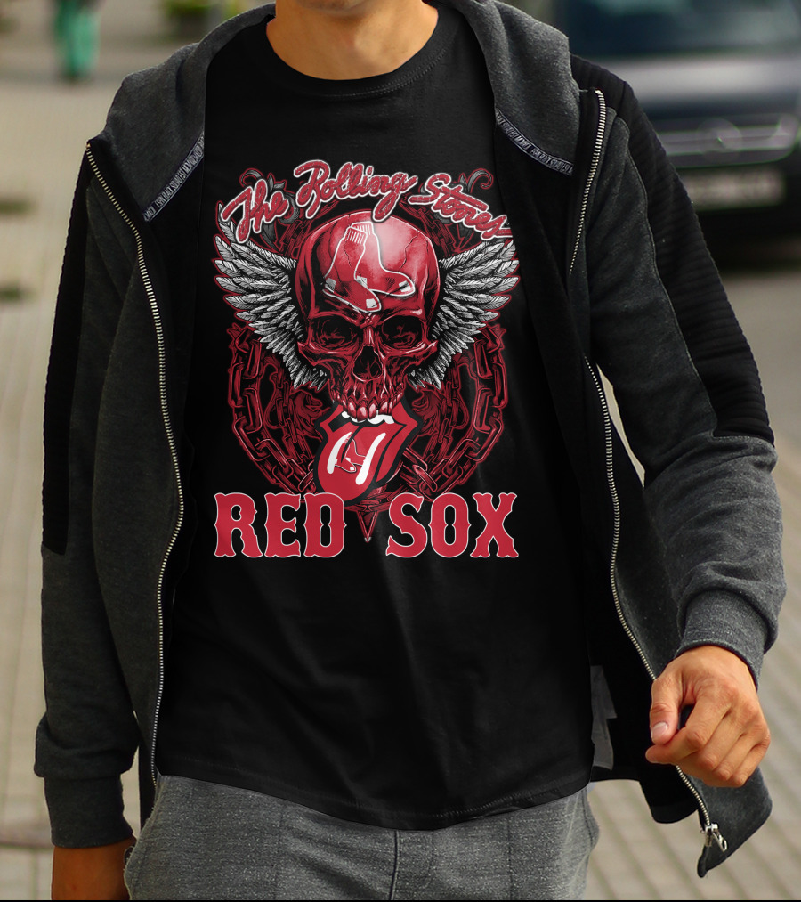 The Rolling Stones Boston Red Sox Skull And Tongue Logo Fusion T-Shirt