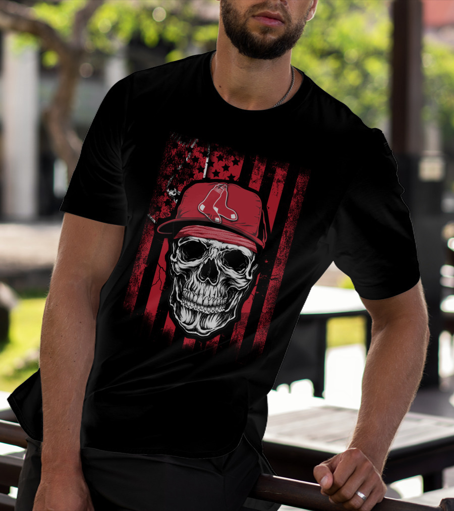 Boston Red Sox Skull Logo Cap On Red And Black T-Shirt