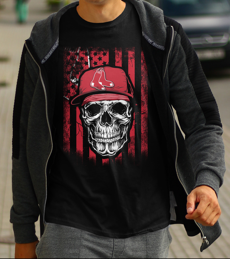 Boston Red Sox Skull Logo Cap On Red And Black T-Shirt