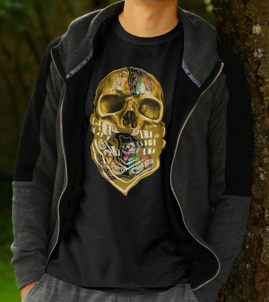 Skull With Chicago Blackhawks Logo Bandana T-Shirt
