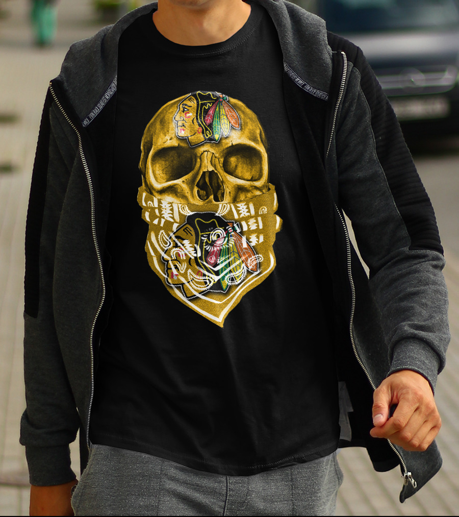 Skull With Chicago Blackhawks Logo Bandana T-Shirt