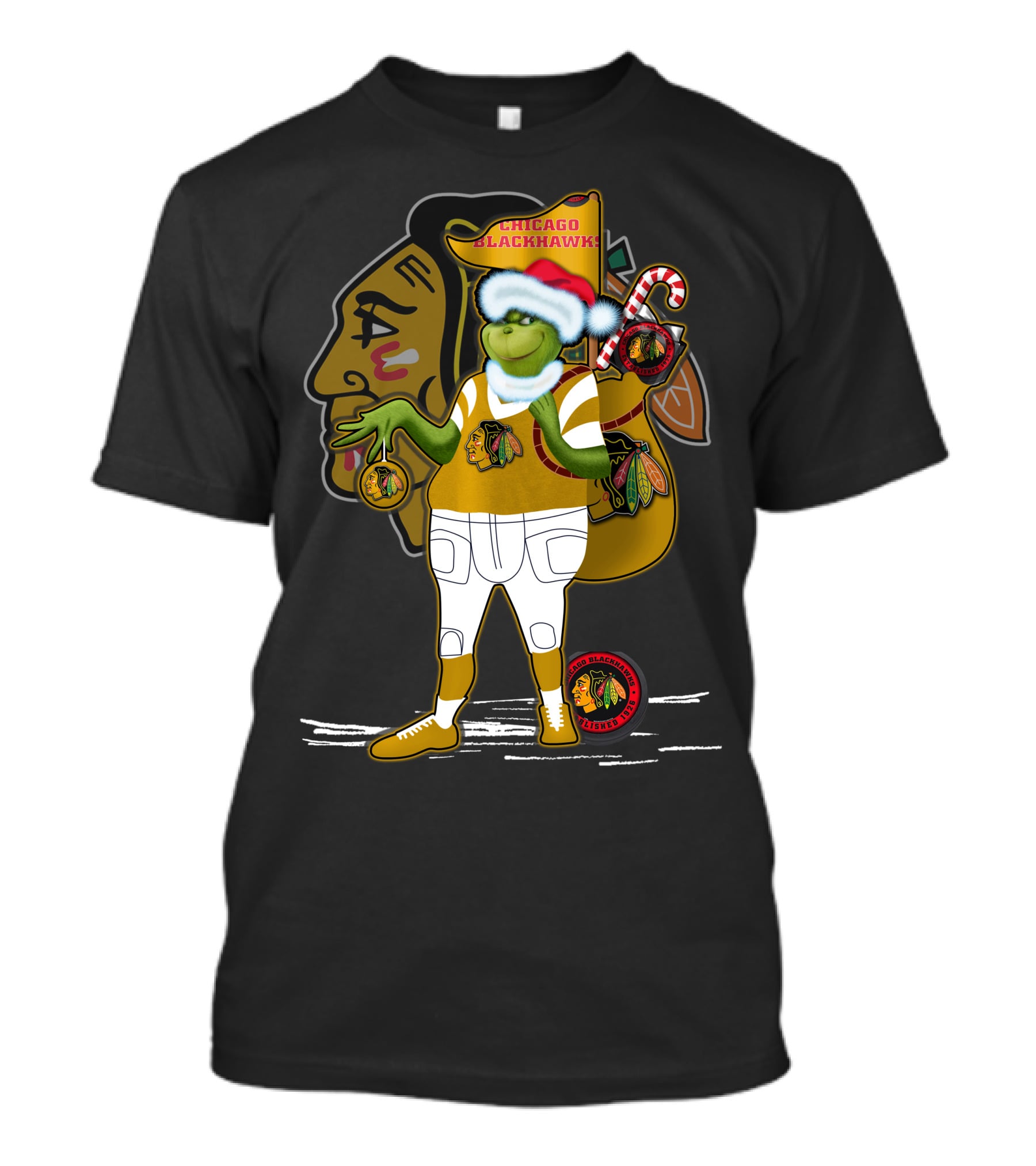 Chicago Blackhawks Grinchxmas Santa Hat Candy Cane Holiday T-Shirt