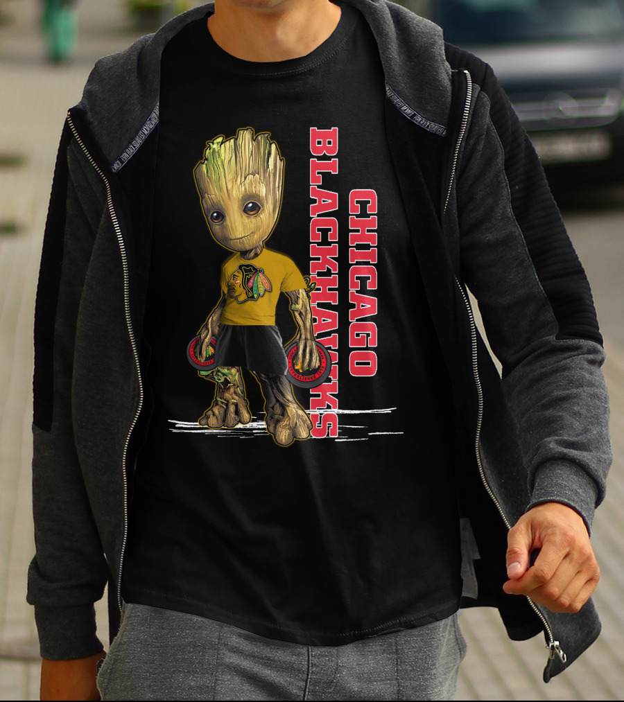 Groot Chicago Blackhawks Holding Hockey Pucks T-Shirt