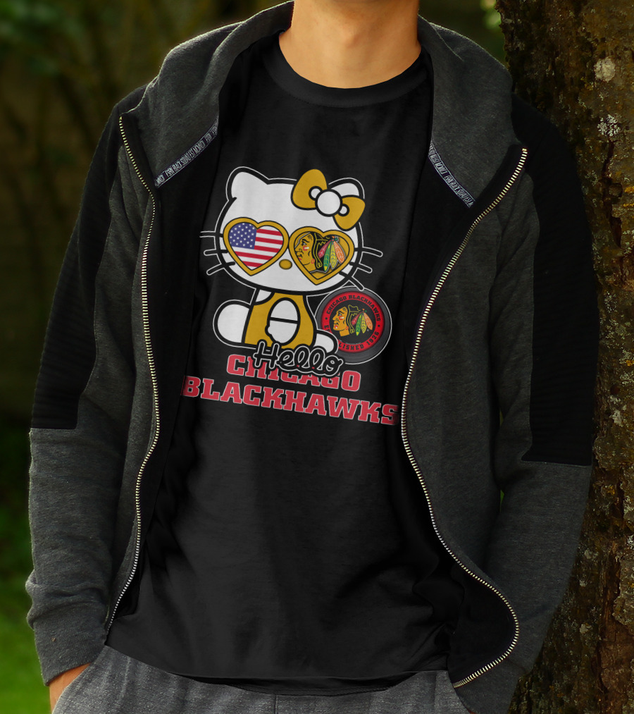 Hello Kitty Chicago Blackhawks American Flag Hockey Fan T-Shirt