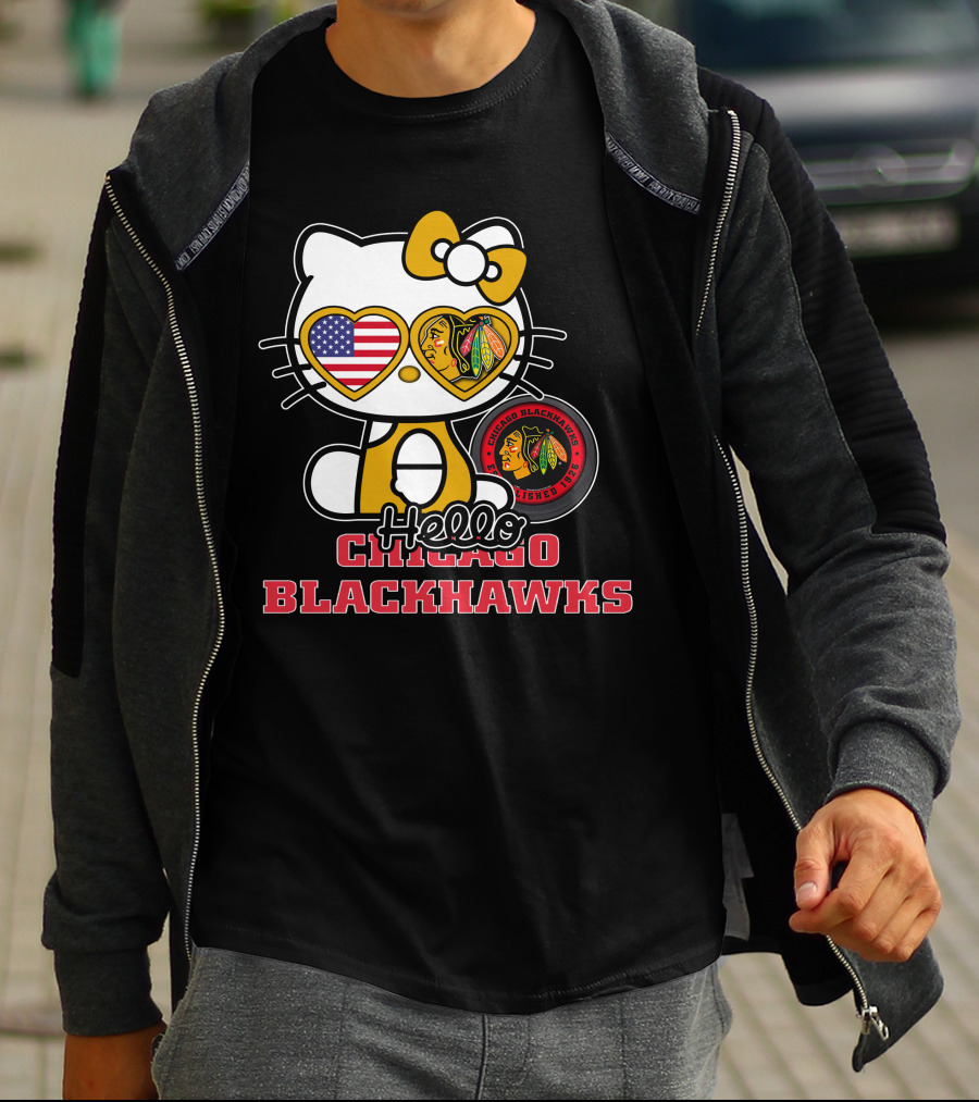 Hello Kitty Chicago Blackhawks American Flag Hockey Fan T-Shirt