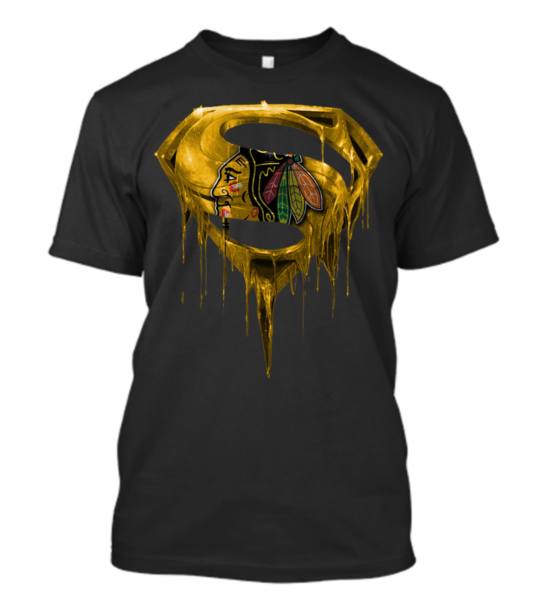 Superman Symbol With Chicago Blackhawks Logo Dripping Gold T-Shirt