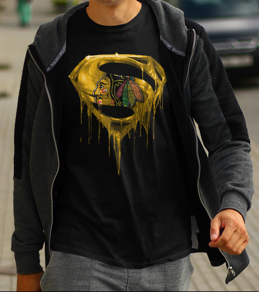 Superman Symbol With Chicago Blackhawks Logo Dripping Gold T-Shirt