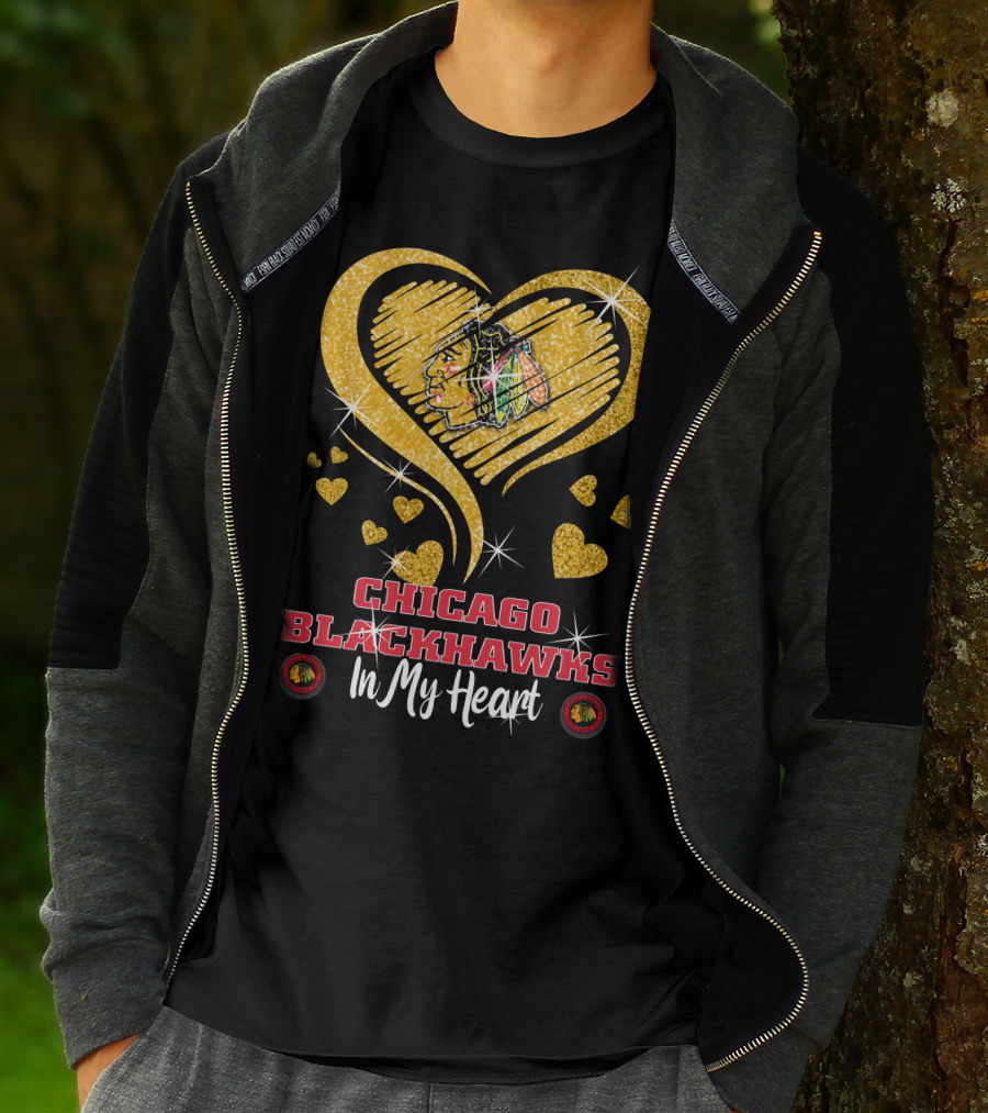 Chicago Blackhawks In My Heart Golden Glitter Logo Hearts T-Shirt