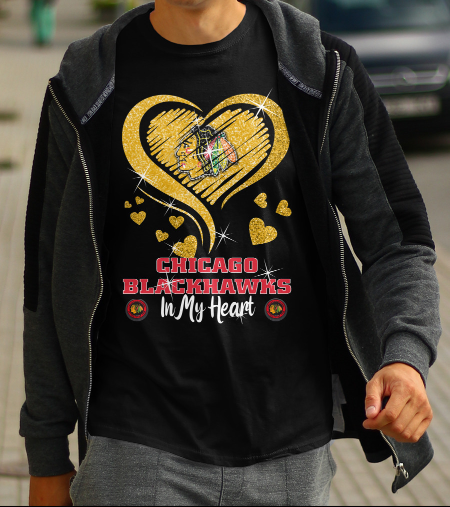 Chicago Blackhawks In My Heart Golden Glitter Logo Hearts T-Shirt
