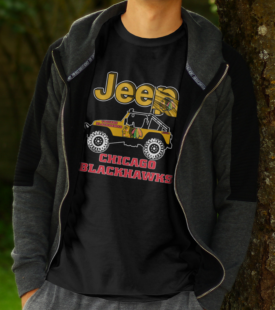 Jeep Chicago Blackhawks Off-Road Vehicle With Team Logo And Flag T-Shirt