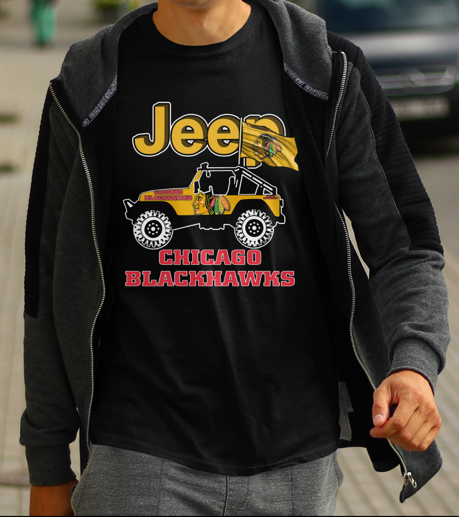 Jeep Chicago Blackhawks Off-Road Vehicle With Team Logo And Flag T-Shirt