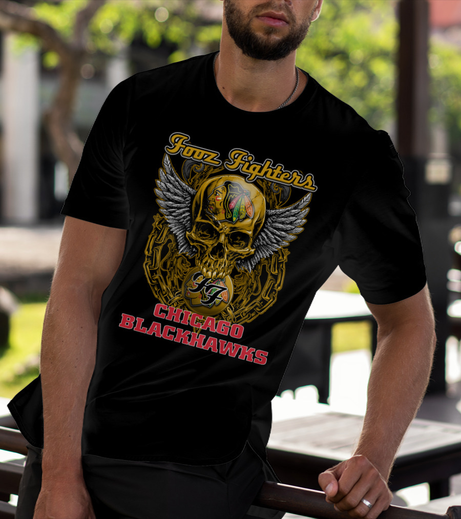 Foo Fighters Chicago Blackhawks Skull Winged T-Shirt