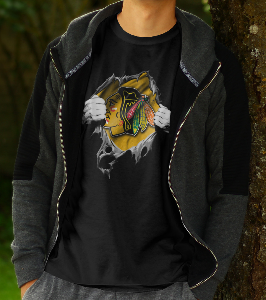 Torn Chicago Blackhawks Logo Peeking Through Ripped Fabric T-Shirt