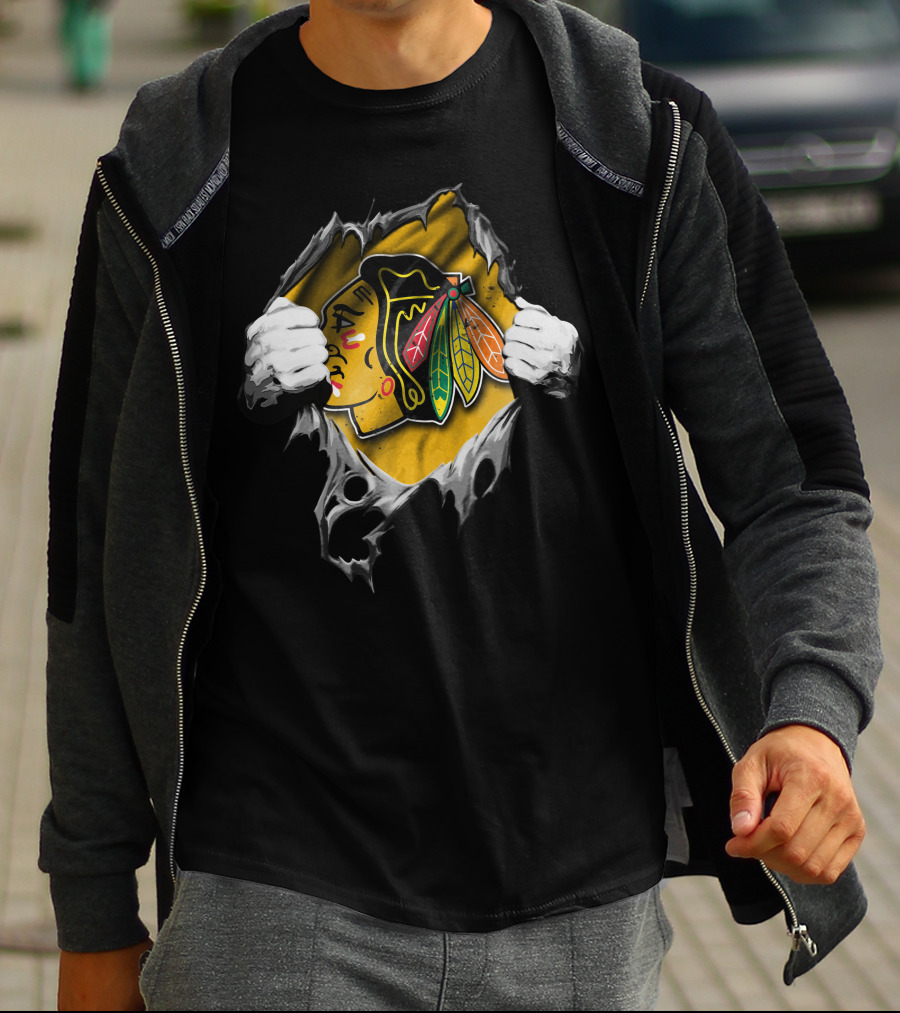 Torn Chicago Blackhawks Logo Peeking Through Ripped Fabric T-Shirt