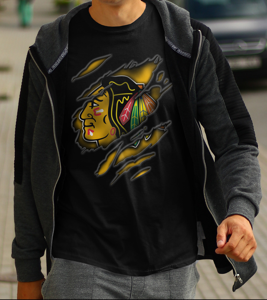 Torn Chicago Blackhawks Logo Claw Marks Yellow And Black T-Shirt